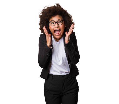 Beyaz arka plan üzerinde izole sürpriz iş siyah kadın