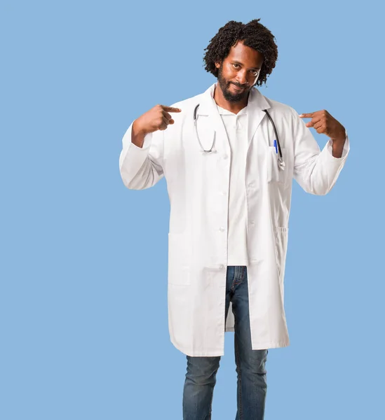 Handsome African American Medical Doctor Proud Confident Pointing Fingers Example — Stock Photo, Image