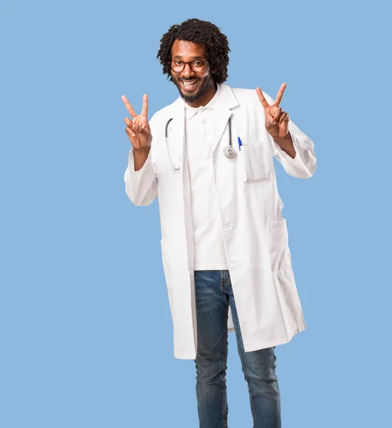 Handsome African American Medical Doctor Fun Happy Positive Natural Makes — Stock Photo, Image