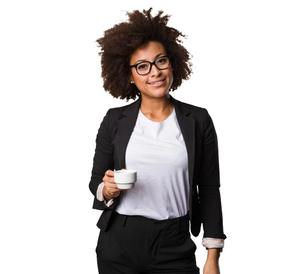 Zakelijke Zwarte Vrouw Bedrijf Kopje Koffie — Stockfoto