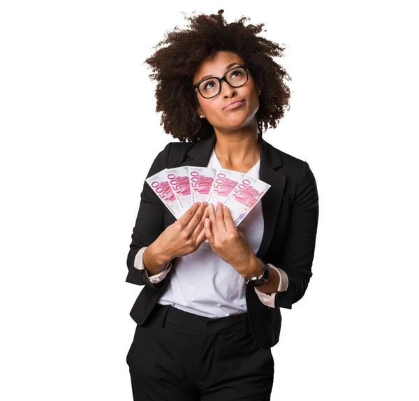 Negócio Mulher Negra Segurando Contas — Fotografia de Stock