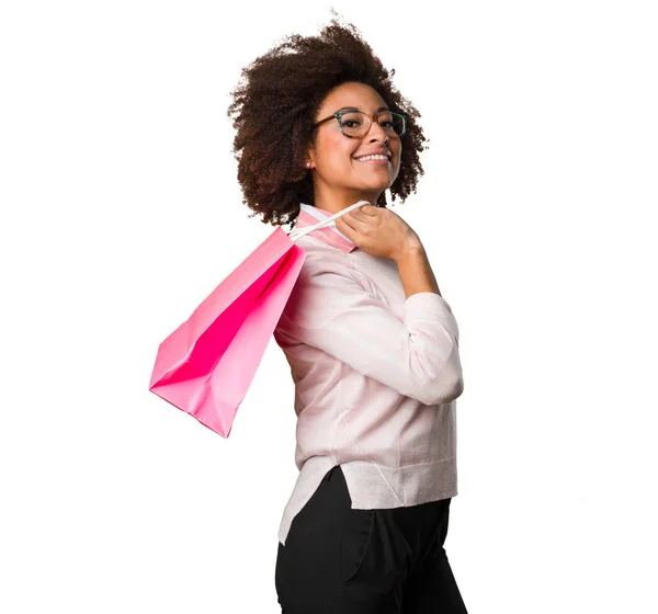 Mujer Negra Sosteniendo Bolsas Compras —  Fotos de Stock