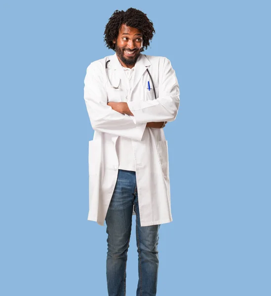 Handsome African American Medical Doctor Doubting Shrugging Shoulders Concept Indecision — Stock Photo, Image