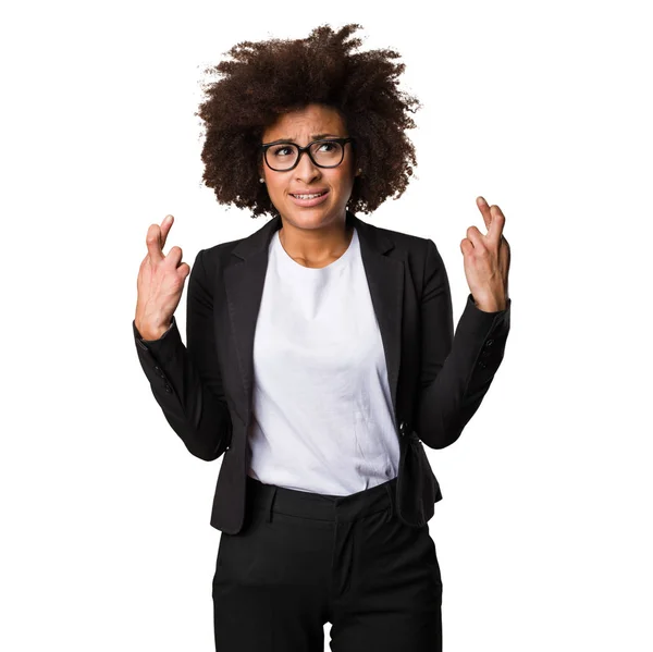 Negócio Mulher Negra Cruzando Dedos — Fotografia de Stock