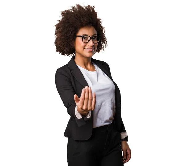 Mulher Negra Negócios Convidando Alguém Para Vir — Fotografia de Stock