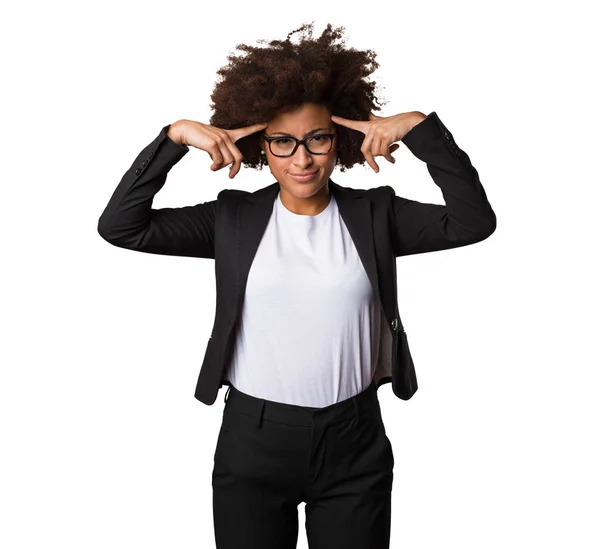 Zakelijke Zwarte Vrouw Denken Geïsoleerd Witte Achtergrond — Stockfoto