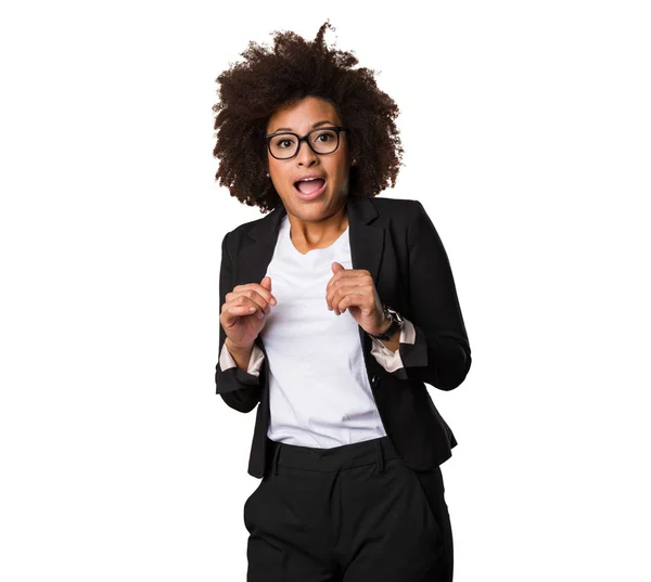 Verbaasd Zwarte Zakenvrouw Geïsoleerd Witte Achtergrond — Stockfoto