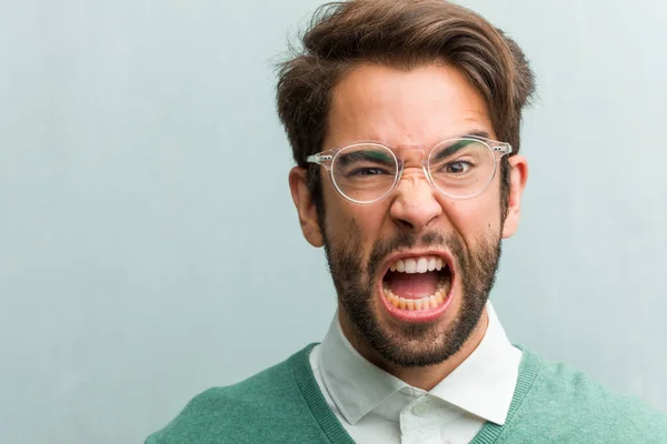 Young Handsome Entrepreneur Man Face Closeup Screaming Angry Expression Madness — Stock Photo, Image