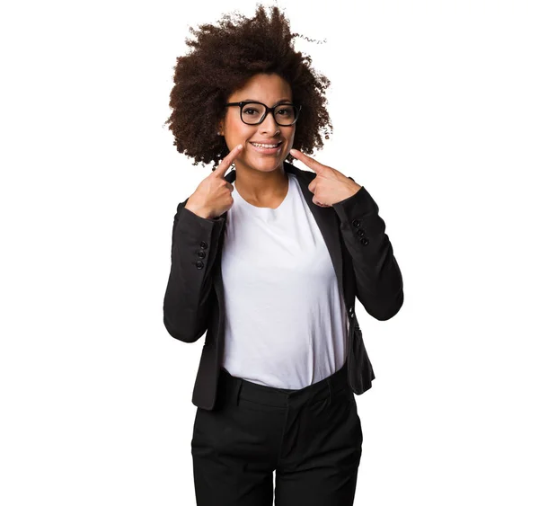 Zakelijke Zwarte Vrouw Aanwijsapparaat Mond — Stockfoto