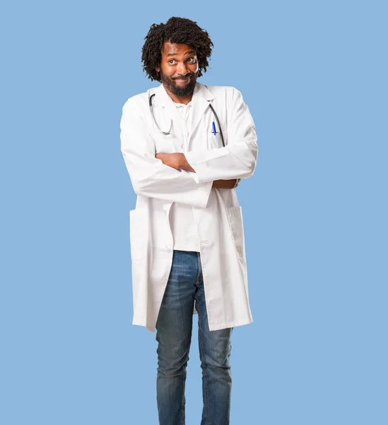 Handsome African American Medical Doctor Doubting Shrugging Shoulders Concept Indecision — Stock Photo, Image