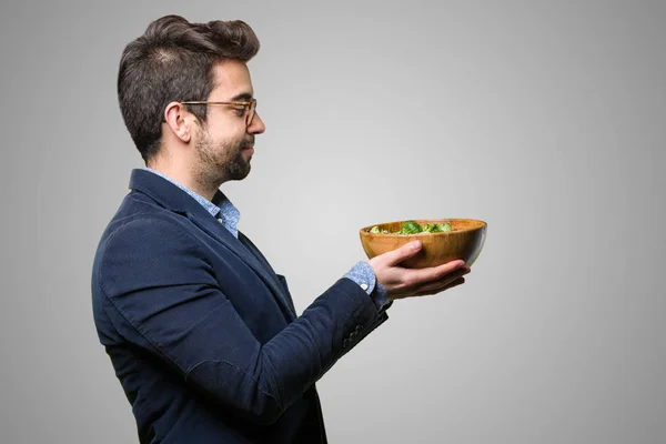 Hombre Negocios Sosteniendo Una Ensalada Aislada Sobre Fondo Blanco — Foto de Stock