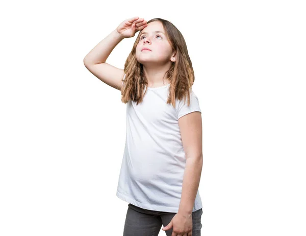 Μικρό Κορίτσι Ψάχνει Πολύ Απομονωμένα Λευκό Φόντο — Φωτογραφία Αρχείου