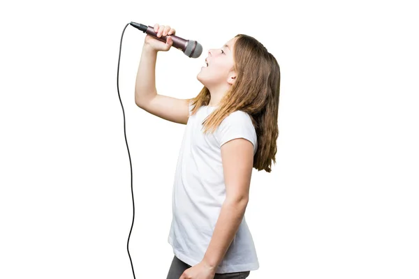 Klein Meisje Zingen Geïsoleerd Witte Achtergrond — Stockfoto