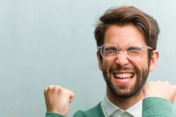 Young Handsome Entrepreneur Man Face Closeup Very Happy Excited Raising — Stock Photo, Image