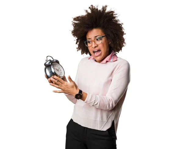 Black Woman Holding Alarm Clock — Stock Photo, Image