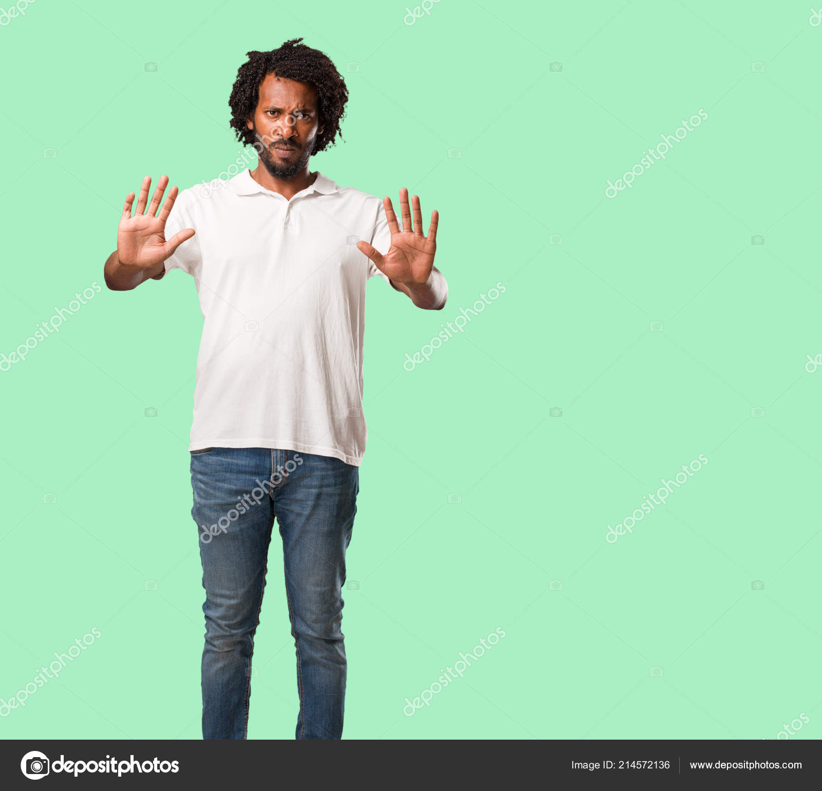 Handsome African American Serious Determined Putting Hand Front Stop