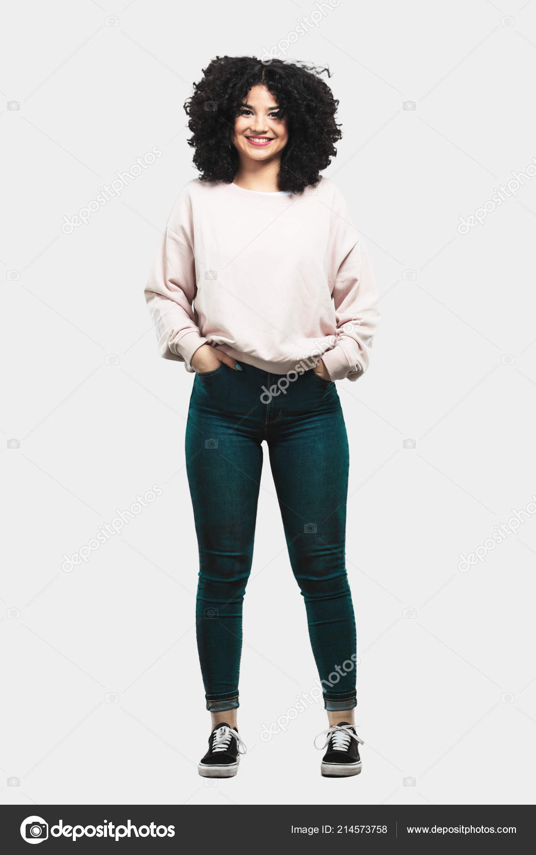 Full Body Young Woman Standing Happy Stock Photo by