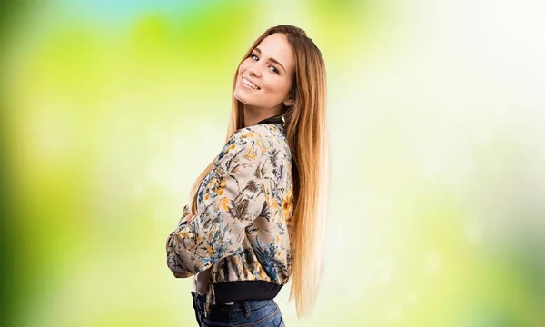 Pretty Young Woman Crossing Arms Blurred Green Background — Stock Photo, Image