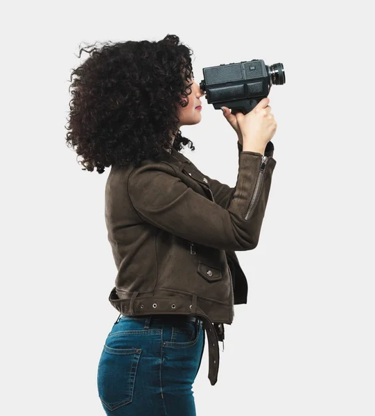 Young Woman Holding Video Camera — Stock Photo, Image