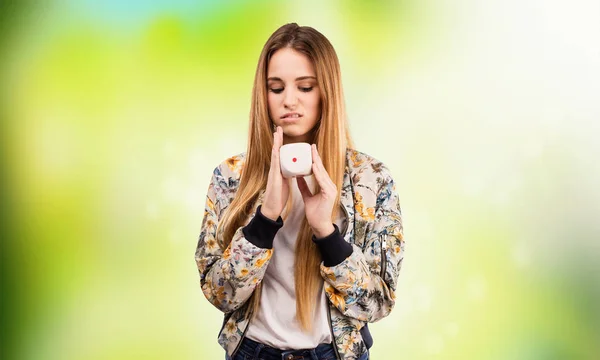 Pretty Young Woman Holding Dice Blurred Green Background — Stock Photo, Image