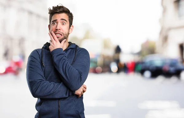 Afraid Young Man Blurred Background — Stock Photo, Image