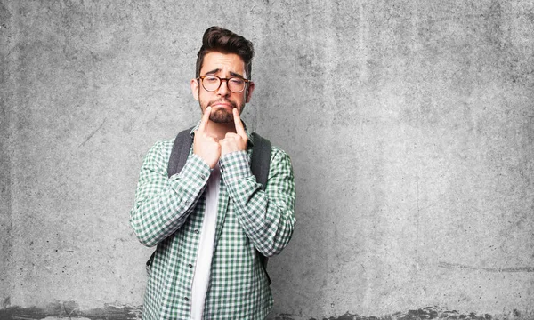 Triste Estudiante Hombre Gris Fondo —  Fotos de Stock