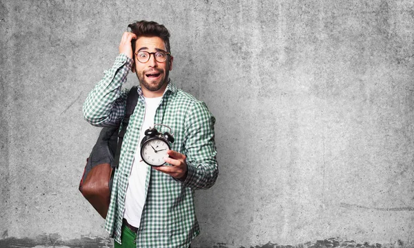 Estudante Homem Segurando Despertador — Fotografia de Stock