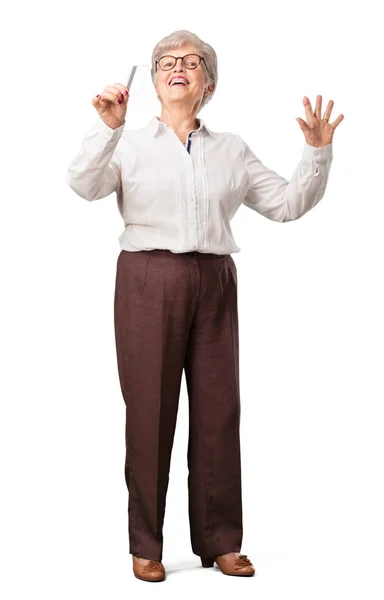 Full Body Senior Woman Cheerful Smiling Very Excited Holding New — Stock Photo, Image
