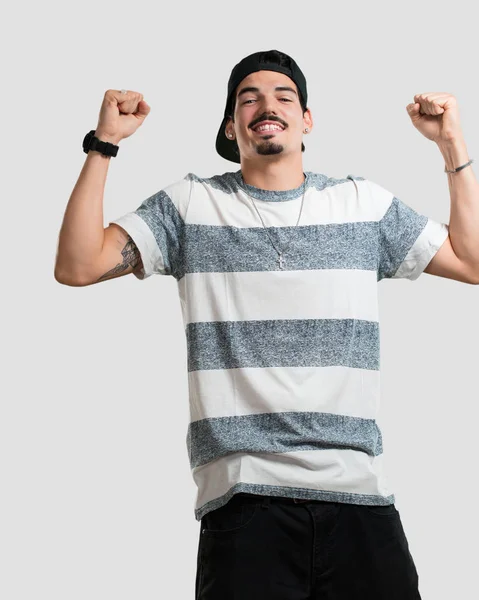 Young Rapper Man Very Happy Excited Raising Arms Celebrating Victory — Stock Photo, Image