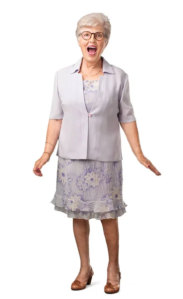 Całego Ciała Starszy Kobieta Krzyczy Zły Wyrażenia Szaleństwo Niezrównoważenie Psychiczne — Zdjęcie stockowe