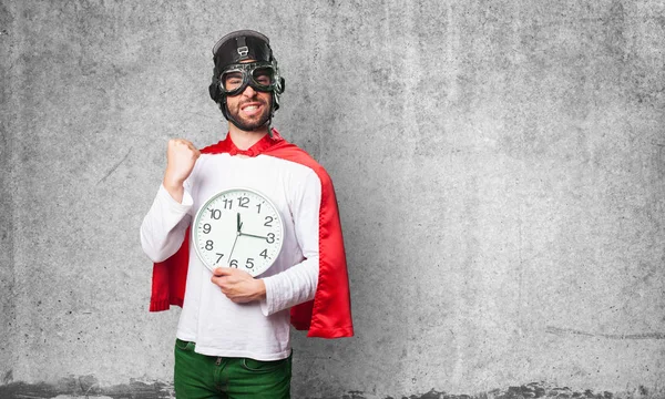 Super Hero Holding Clock — Stock Photo, Image