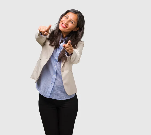 Young Business Indian Woman Cheerful Smiling Pointing Front — Stock Photo, Image