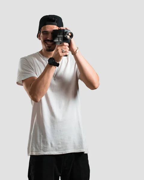 Young Rapper Man Excited Entertained Looking Film Camera Looking Interesting — Stock Photo, Image