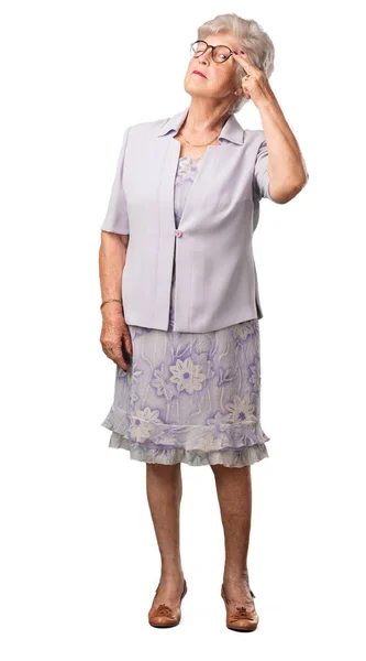 Full Body Senior Woman Making Suicide Gesture Feeling Sad Scared — Stock Photo, Image