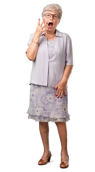 Full Body Senior Woman Very Scared Afraid Desperate Something Cries — Stock Photo, Image