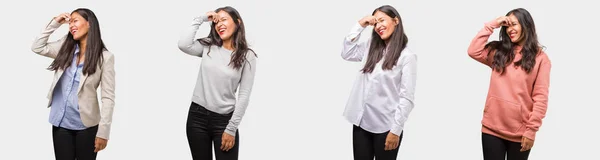 Groep Verzameling Van Indiase Jonge Vrouw Dragen Verschillende Kleren Lachen — Stockfoto