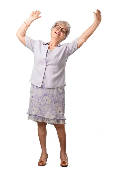 Повне Тіло Старшої Жінки Дуже Щаслива Схвильована Піднімаючи Руки Святкуючи — стокове фото