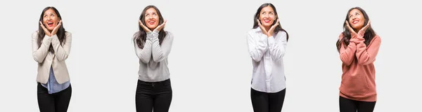 Groep Verzameling Van Indiase Jonge Vrouw Dragen Verschillende Kleren Verrast — Stockfoto