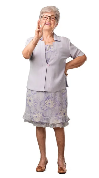 Full Body Senior Woman Showing Number Three Symbol Counting Concept — Stock Photo, Image