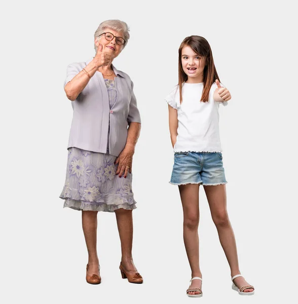 Full Body Elderly Lady Her Granddaughter Cheerful Excited Smiling Raising — Stock Photo, Image