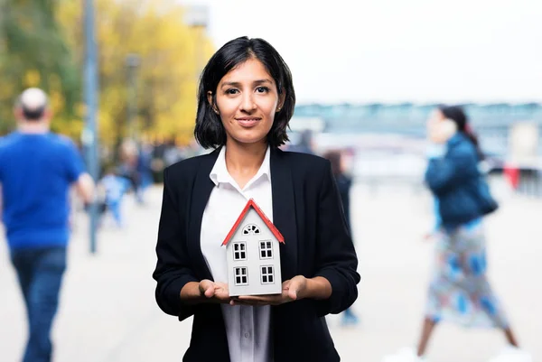 Latin Business Woman Holding House — Stock Photo, Image