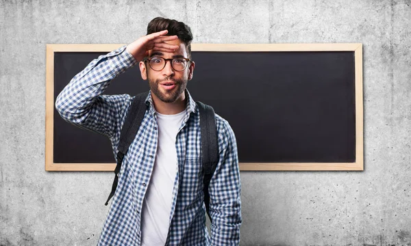 Young Man Looking Far Blackboard Wall — Stock Photo, Image