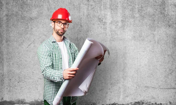 Worried Architect Man Grey Background — Stock Photo, Image