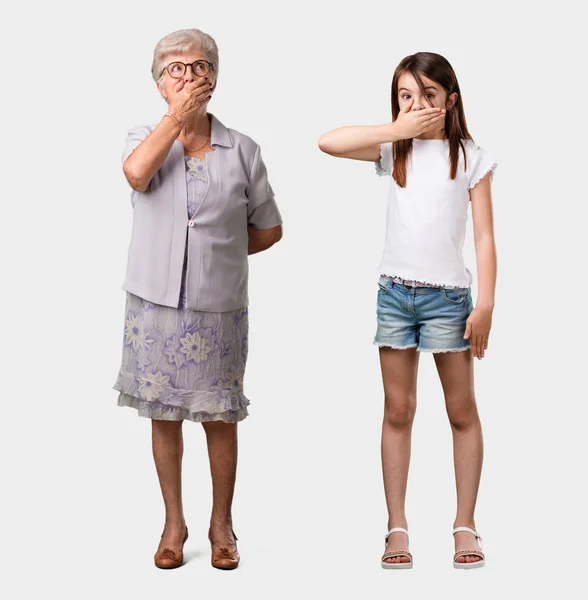 Full Body Elderly Lady Her Granddaughter Covering Mouth Symbol Silence — Stock Photo, Image