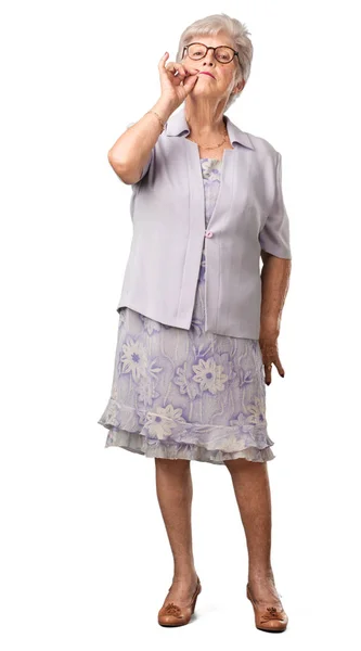 Full Body Senior Woman Keeping Secret Asking Silence Serious Face — Stock Photo, Image