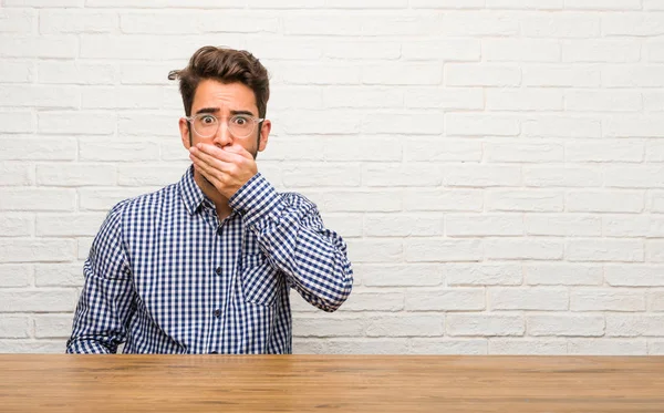 Young Caucasian Man Sitting Covering Mouth Symbol Silence Repression Trying — Stock Photo, Image