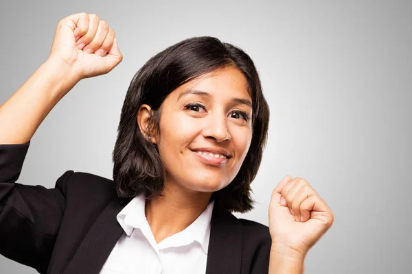 Latin Business Woman Doing Winner Gesture — Stock Photo, Image