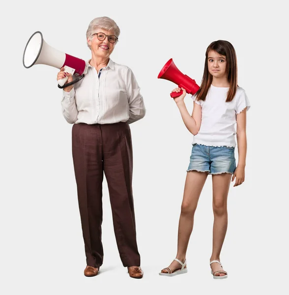 Full Body Elderly Lady Her Granddaughter Excited Euphoric Shouting Megaphone — Stock Photo, Image