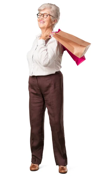 Full Body Senior Woman Cheerful Smiling Very Excited Carrying Shopping — Stock Photo, Image