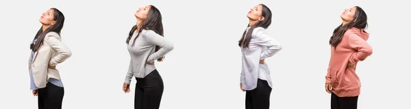 Group Collection Indian Young Woman Wearing Different Clothes Back Pain — Stock Photo, Image
